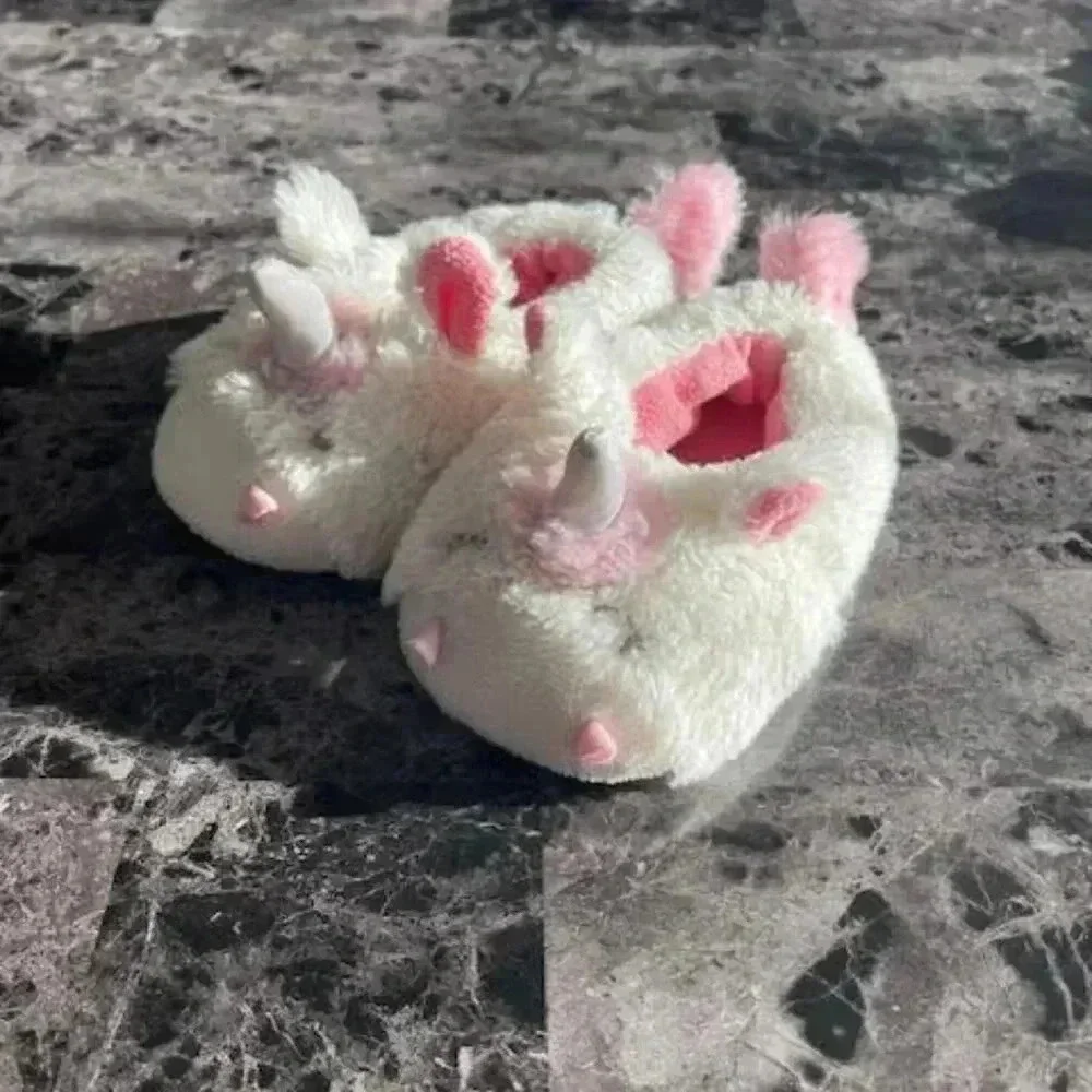 Toddler Unicorn House Shoes Size 6-7 White/Pink cotton lining Non-slip